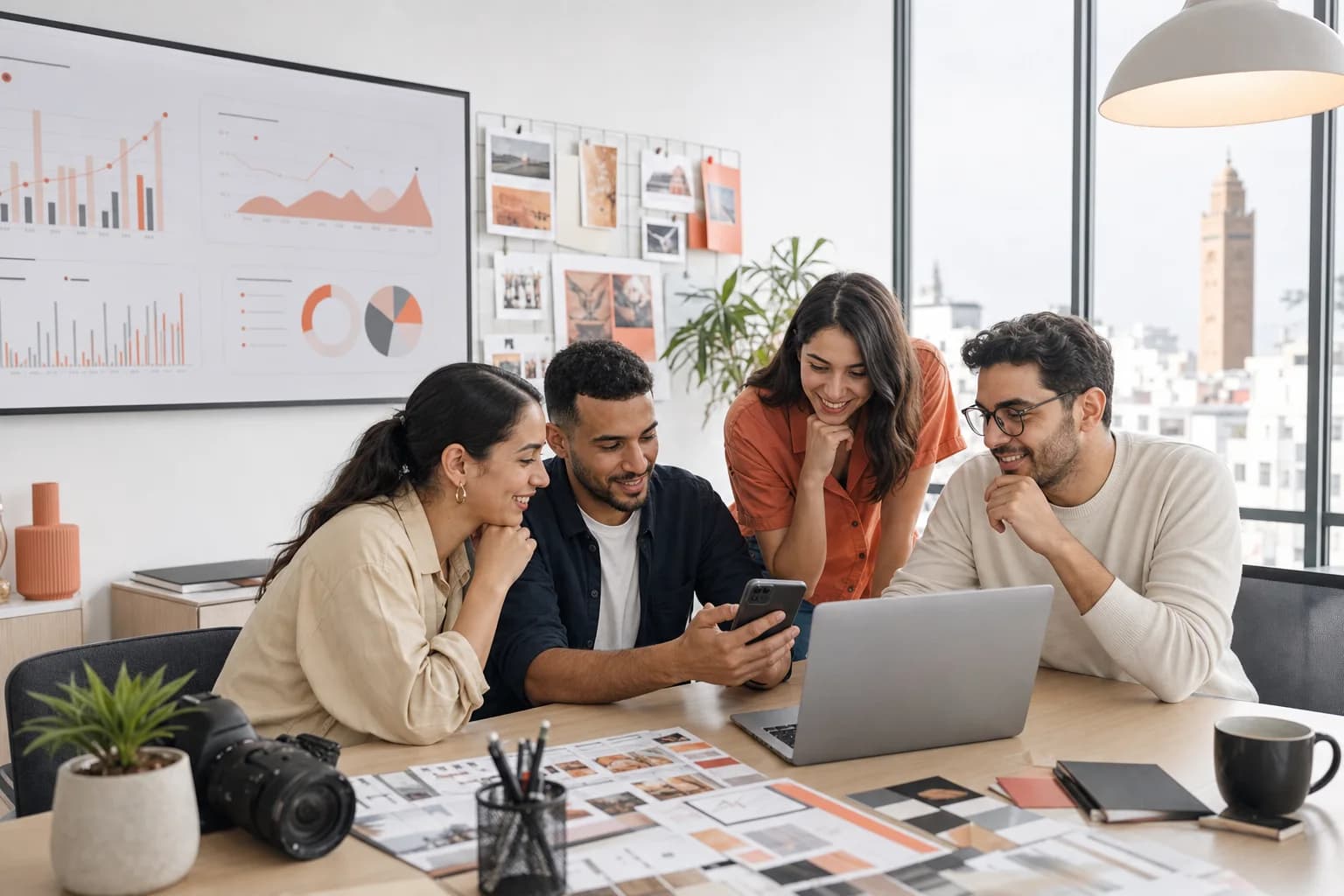 Équipe marketing marocaine analysant une campagne publicitaire full-funnel