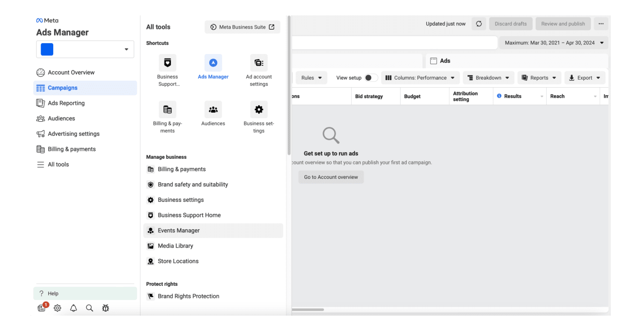 Meta Ads Manager campaigns dashboard and advertising account tools.